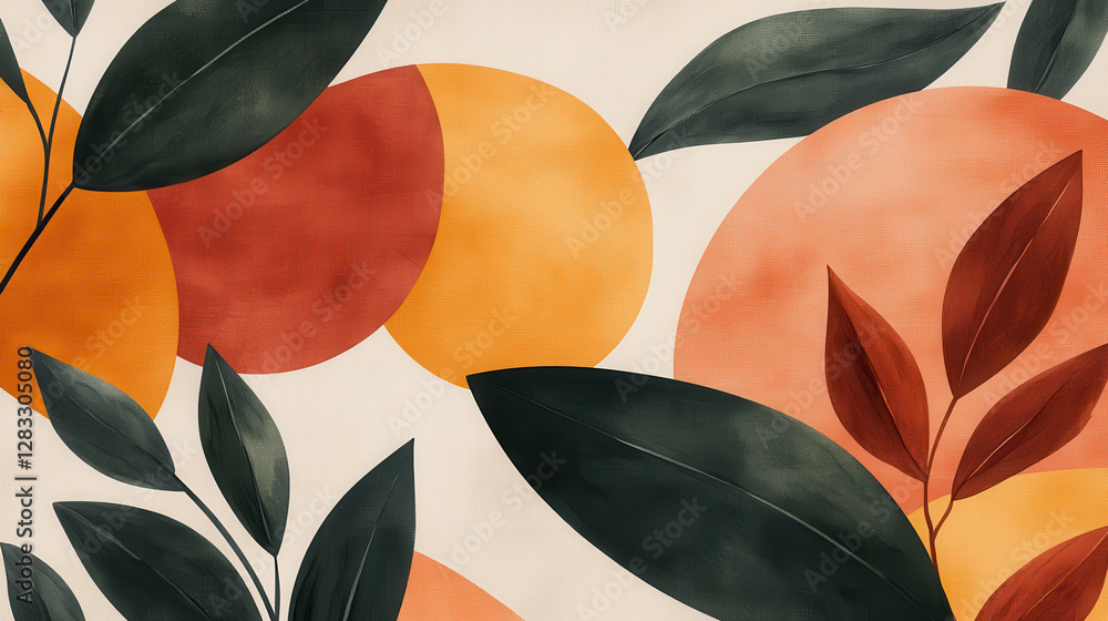 Aufkleber Abstract botanical design with asymmetrical leaves and circular shapes in earthy tones. minimalist boho style features green, orange, and red hues, creating harmonious and artistic composition