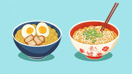 Instant noodle in closed and open paper cup, raw and ready to eat with spices and eggs, chicken or beef meat pieces, vegetables. Cartoon vector set of oriental traditional ramen meal package.