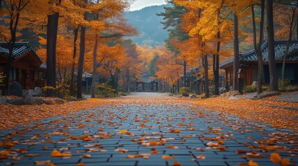 Tranquil Scenic View of Tree-Lined Pathway in Nami Island Autumn