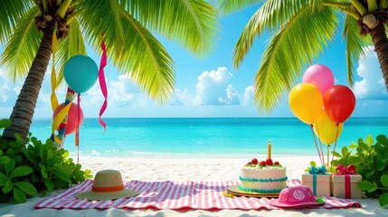 Tropical Beach Birthday Celebration Cake, Balloons, and Festive Decor on Sandy Shore