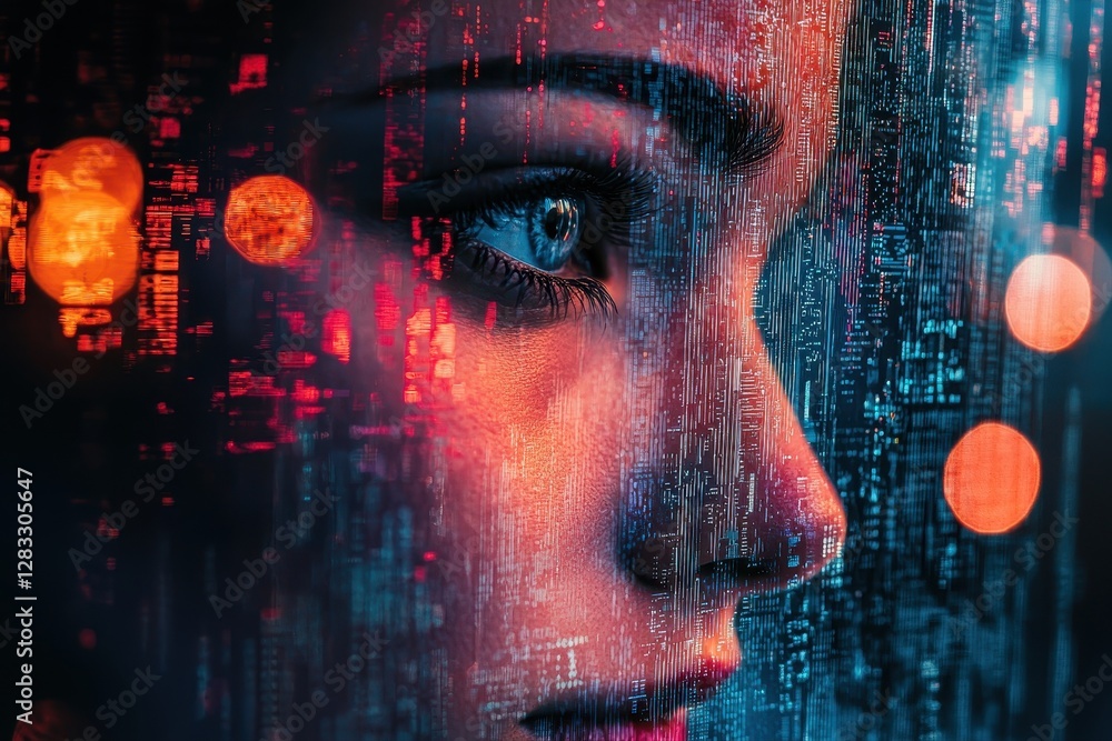 Aufkleber woman's face surrounded by abstract digital background creating a futuristic and artistic visual exp