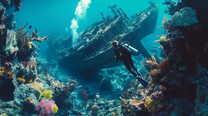 Woman scuba diver with mask and sunken ship under water in sea or ocean. Vector parallax background with layers of cartoon underwater landscape with girl in diving suit and shipwrecked steamboat
