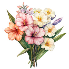 Fototapeta premium A bouquet of flowers with pink, white, and orange flowers. The flowers are arranged in a way that they look like they are holding each other. Scene is one of beauty and harmony