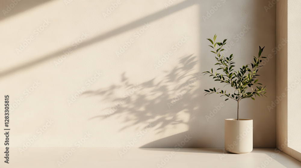 Poster potted plant casts shadow on sunlit minimalist wall, creating abstract and serene atmosphere. natura