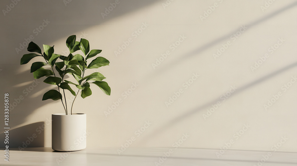 Poster potted plant sits in minimalist space, bathed in natural sunlight casting soft shadows on wall. scen