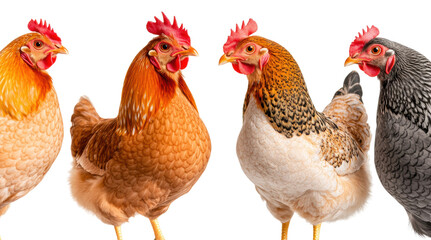 Fototapeta premium Four colorful chickens displaying unique features, cut out