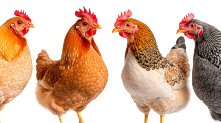 Four colorful chickens displaying unique features, cut out
