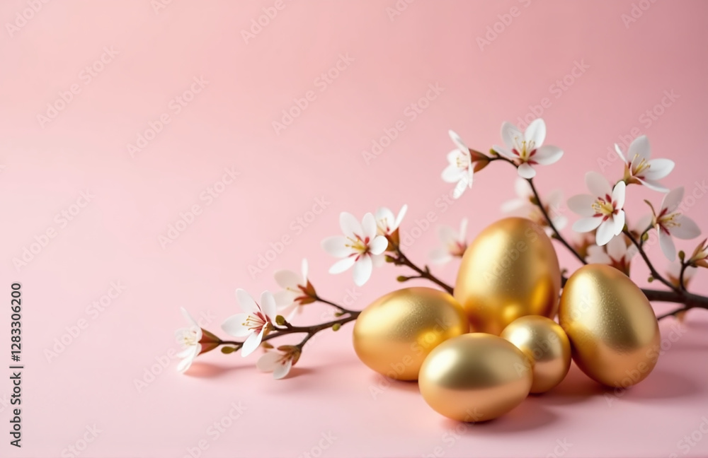 Poster Golden Easter Eggs Are Arranged Around A Delicate Spring Branch On A Soft Pastel Pink Colored Background With Empty Space To The Left. 00001