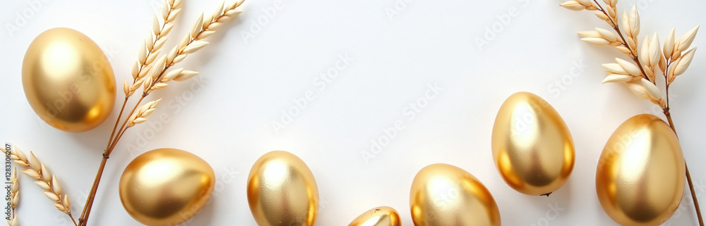 Poster golden eggs on a white background with dried flax and linum, creating a flat lay easter decoration s