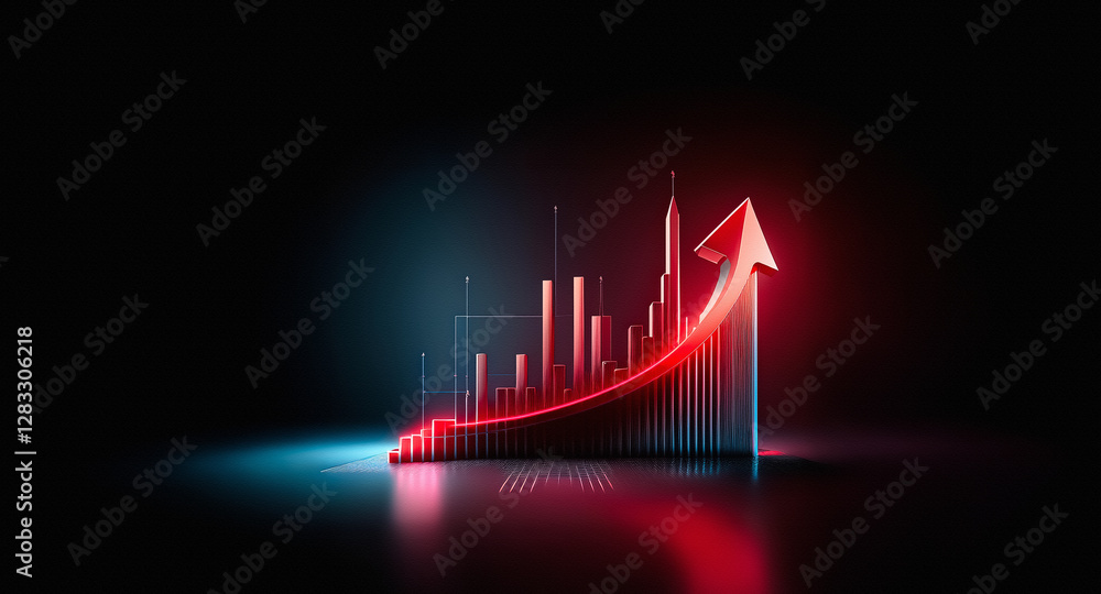 Fototapete illuminated bar graph shows positive growth with a prominent red arrow pointing upwards, indicating 