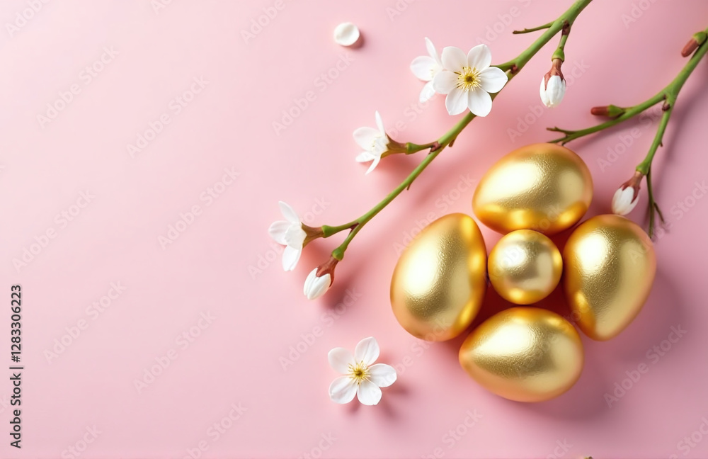 Poster Golden Easter Eggs Are Arranged Around A Delicate Spring Branch On A Soft Pastel Pink Colored Background With Empty Space To The Left. 00002