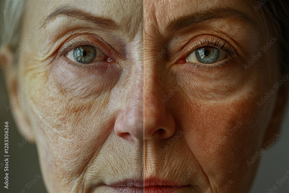 Leinwandbilder transformation between age and youth shown in a split image of a womans face with distinct skin qual