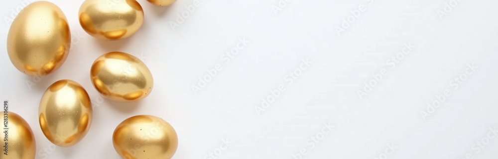 Poster golden easter eggs sit atop a blank white copy space background in an overhead perspective, awaiting