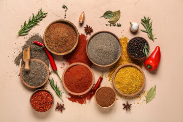 Composition with different aromatic spices and herbs on color background