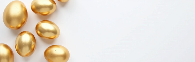 Golden Easter Eggs Sit Atop A Blank White Copy Space Background In An Overhead Perspective, Awaiting Creative Placement And Design. 00001