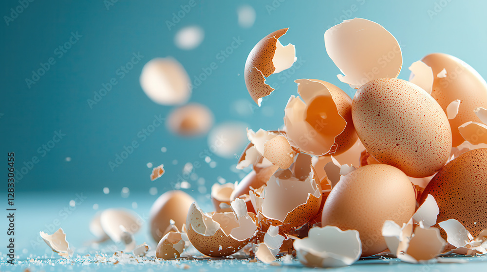 Poster dynamic image of eggshell fragments with smooth curves and subtle shadows, set against blue background, creating sense of motion and fragility