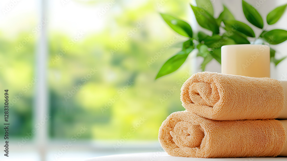 Poster Soft rolled towels and candle create serene spa atmosphere with warm neutral tones, complemented by soft focus background and green leaves