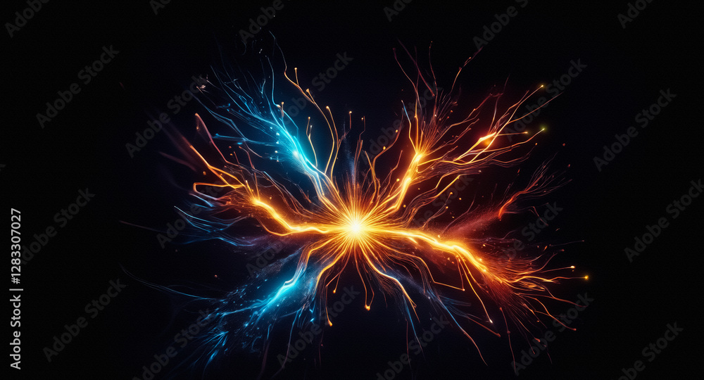 Poster A vibrant abstract energy design bursts forth with streaks of blue and orange light from a central point, creating a dynamic and electrifying visual on a dark backdrop.