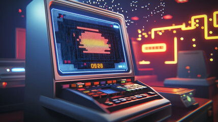 Obraz premium Arcade machines screens. Retro computer monitor with start player video game screen, old gaming machine 90s 80s interface 3d gamer pixel sign text, vector illustration of computer simulator screen