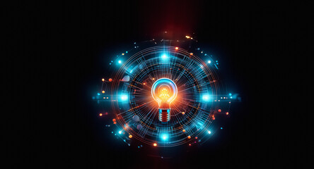 Futuristic glowing lightbulb in center of a circular abstract tech design with blue and orange lights against a dark backdrop.