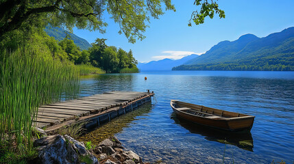 Obraz premium Lake pier wooden platform with boat floating on blue calm water. Scenic landscape with rocky shore, green trees and reeds. Natural environment with rope railings, distant mountains, clear summer sky.