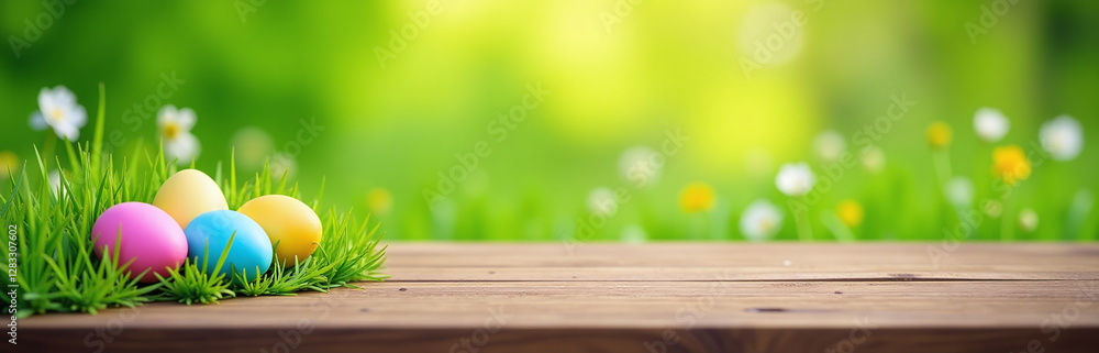 Poster empty wooden table set amidst a lush green meadow featuring colorful easter eggs in a springtime bac
