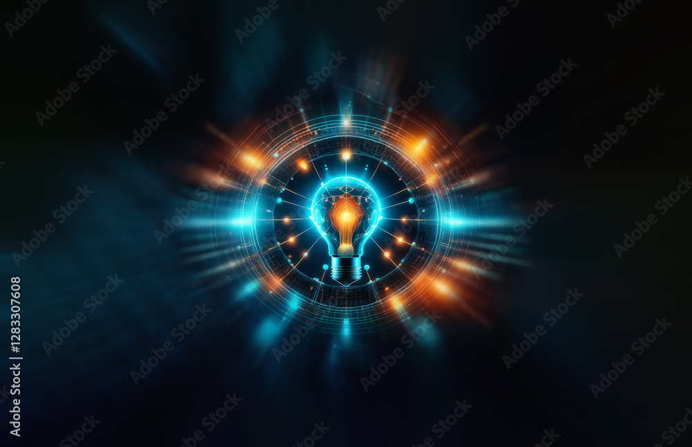 Aufkleber bright light bulb radiates with abstract blue and orange energy waves, surrounded by circular patter