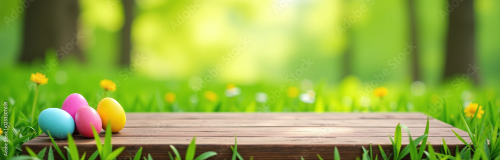 Poster empty wooden table set amidst a lush green meadow featuring colorful easter eggs in a springtime bac