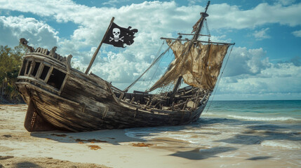 Old broken pirate ship after shipwreck on sea beach. Vector cartoon illustration of ocean landscape with abandoned sunken wooden boat with black flag and sails with skull