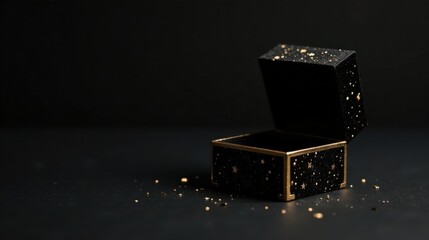 Obraz premium A partially opened black gift box adorned with golden stars rests on a dark surface, scattered gold flecks nearby, hinting at an elegant and mysterious surprise.