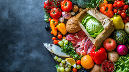 Food delivery smartphone app concept with hand holding mobile device and cartoon grocery items floating into screen including bread, fish and meat, fruits and vegetables, milk package and cheese.