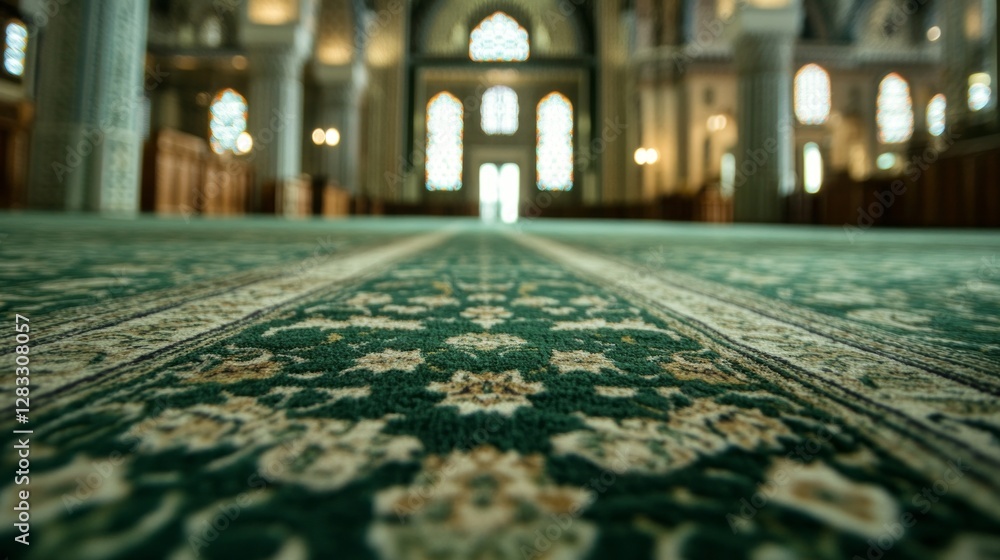 Poster the lush green mosque carpet spreads across the floor, adorned with intricate patterns and floral de