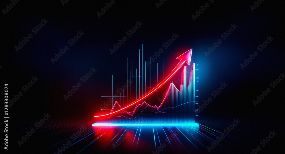 Aufkleber a vibrant red arrow ascends on a luminous graph against a dark backdrop with blue and red light stre