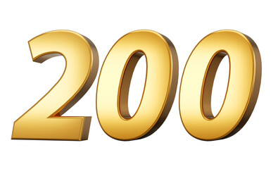 3d number 200 two hundred Gold text with reflection 3d illustration