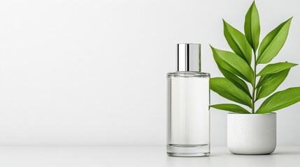 Elegant cosmetic bottle with plant, perfect for beauty displays