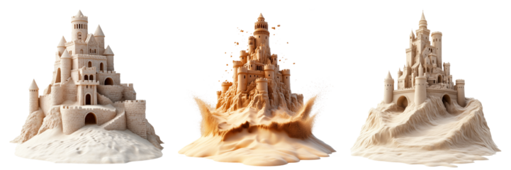 Sandcastles in various designs isolated on a transparent background. Detailed views of sand structures with towers, arches, and staircases for creative and architectural projects.