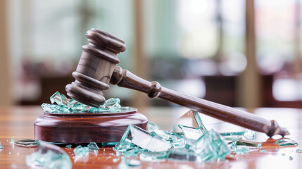 Close-Up of a Shattered Glass Gavel on a Wooden Desk Symbolizing Broken Justice with Blurred Courtroom Background