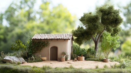 Quaint Model House Surrounded by Lush Greenery and Natural Beauty