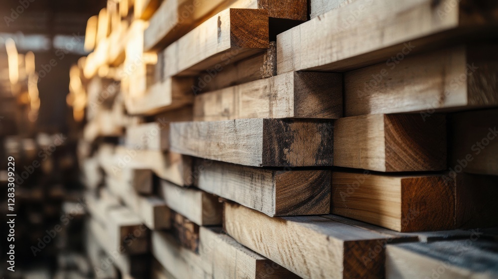 Poster Stacks of lumber ready for processing in a warehouse during afternoon light. Generative AI