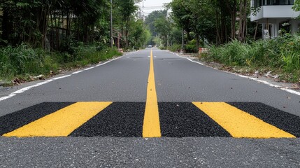 Obraz premium Yellow and black speed bump on an asphalt road surrounded by green trees during daytime.