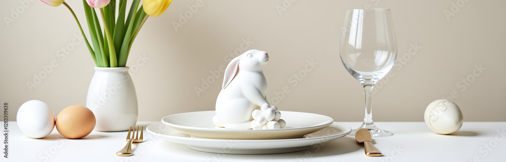 Poster easter table setting features a minimalist approach with simple decorations and a neutral floral bac