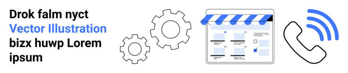 Gear icons, storefront with blue awning, phone symbol with sound waves. Ideal for business, communication, e-commerce, support, operations marketing customer service. Landing page