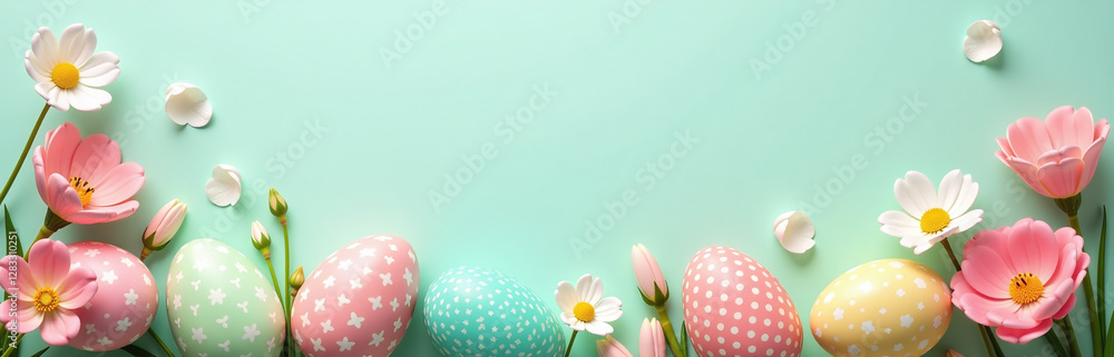 Poster easter eggs surrounded by flowers on a soft pastel green background create a colorful and inviting h