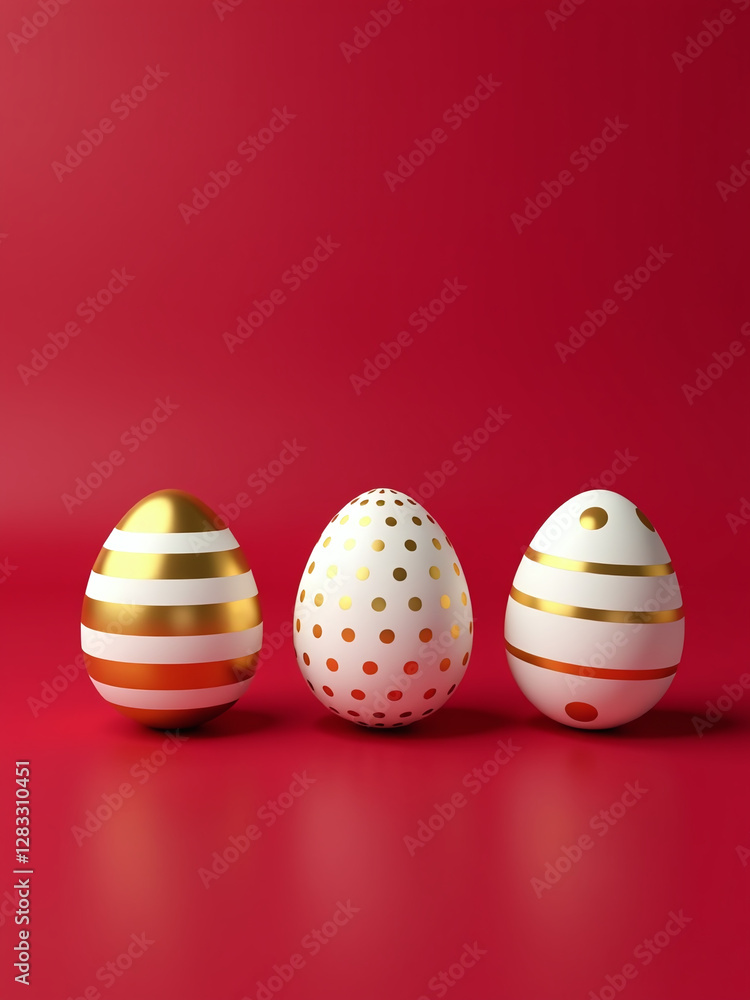 Poster Easter Eggs In Gold And White Stripes And Dots Sit On A Dark Red Background With Empty Space Below Them. 00002