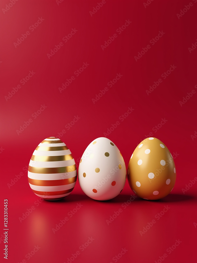 Poster Easter Eggs In Gold And White Stripes And Dots Sit On A Dark Red Background With Empty Space Below Them. 00001