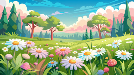 Obraz premium Meadow with lots of white and pink spring daisy flowers in sunny day. Nature landscape in estonia in early summer