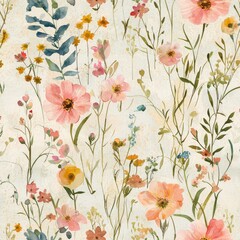 Floral Watercolor: A seamless watercolor pattern showcasing a vibrant array of wildflowers and foliage. This exquisite design evokes a sense of springtime and tranquility.