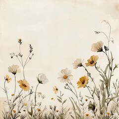 Naklejka premium Watercolor Floral Arrangement: A delicate watercolor painting showcases a collection of wildflowers with a mix of warm and soft colors, including the white and yellow blooms.