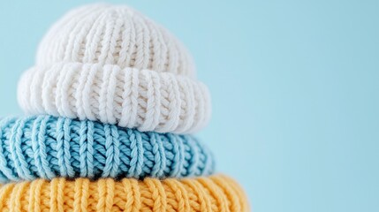 Knitted hats stacked on light blue background
