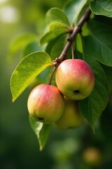 A trio of ripening fruits hangs delicately from a branch, sunlight illuminating their vibrant hues and showcasing the natural beauty of orchard life.